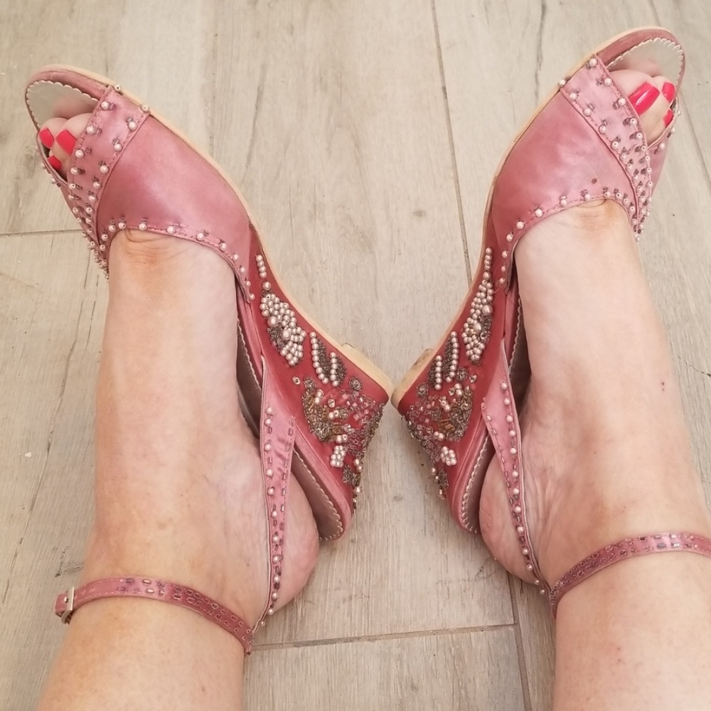 Pink Satin Rebecca Taylor Beaded Heels